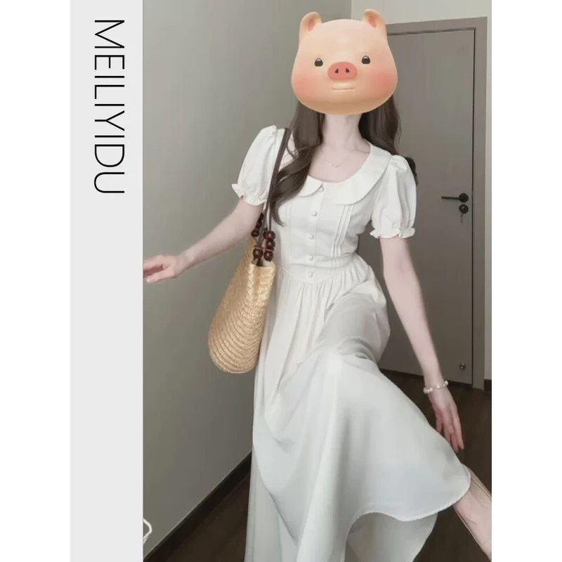 MLYD/定制 大码法式甜美娃娃领白色连衣裙女温柔气质收腰显瘦长裙