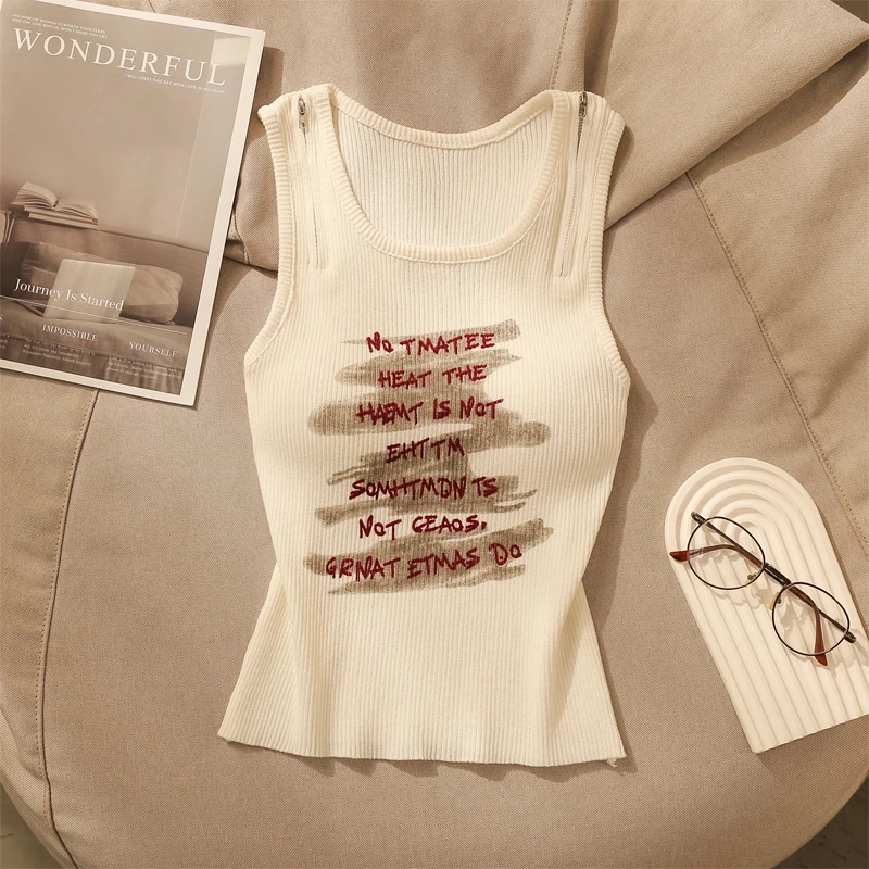 美式重工拉链印染针织背心女夏季辣妹设计感时尚修身内搭无袖上衣