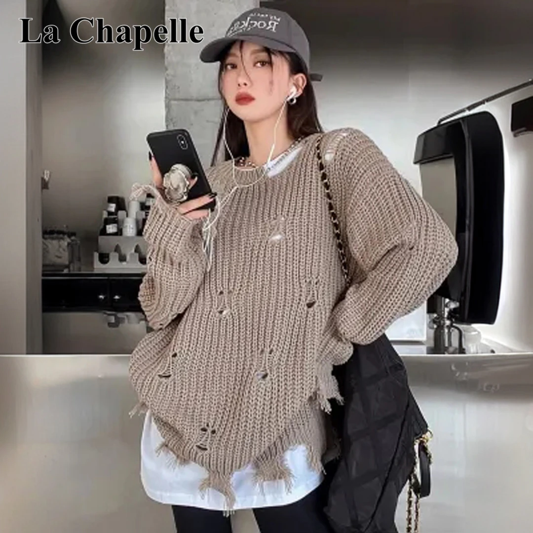 拉夏贝尔秋季新款复古慵懒风上衣小众女装设计感破洞镂空针织毛衣