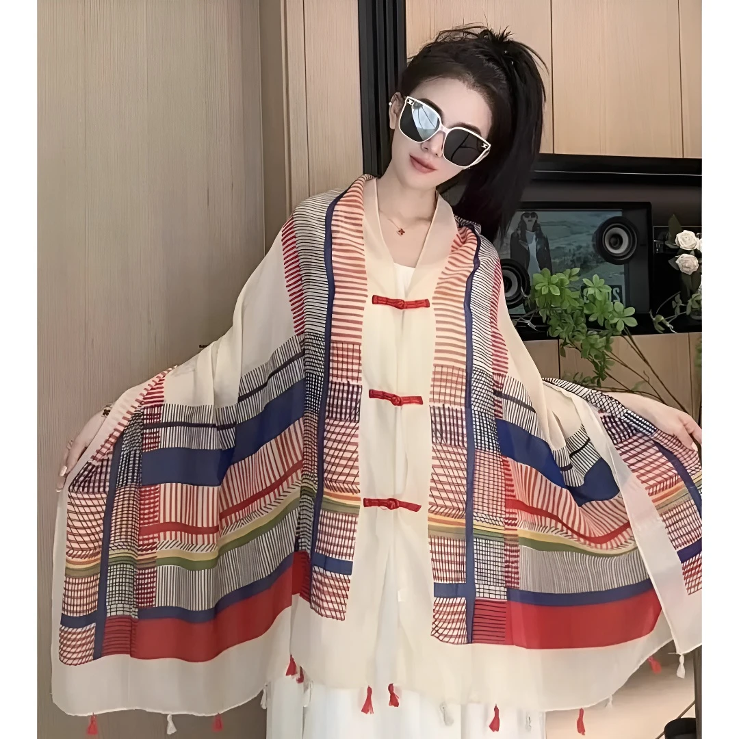 夏季防晒披肩2025新款盘扣长款民族风旅游拍照薄款沙滩丝巾斗篷gh