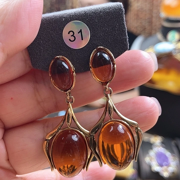 琥珀银S925镶嵌耳饰耳环