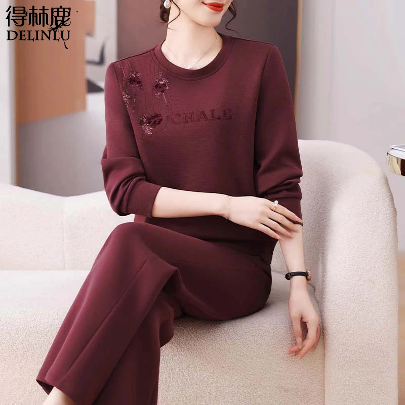 妈妈春装上衣2025新款中老年人绣花卫衣运动服套装女春秋季两件套