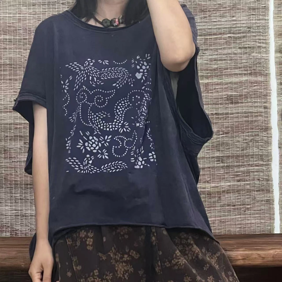 BY 30695 夏季新款女装印花棉麻T恤舒适百搭（衣长55胸围150）