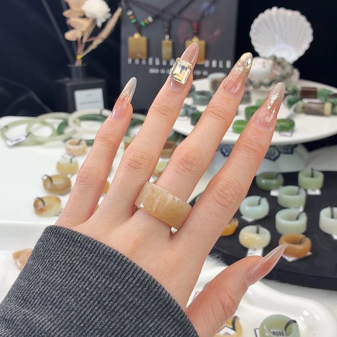 和田玉（糖玉）未镶嵌戒指j47金桂花直切16.8