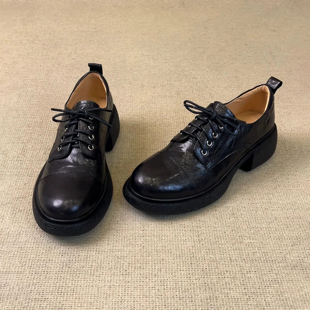 羊皮版~厚底乐福鞋女英伦风一脚蹬黑色jk小皮鞋通勤百搭粗跟单鞋