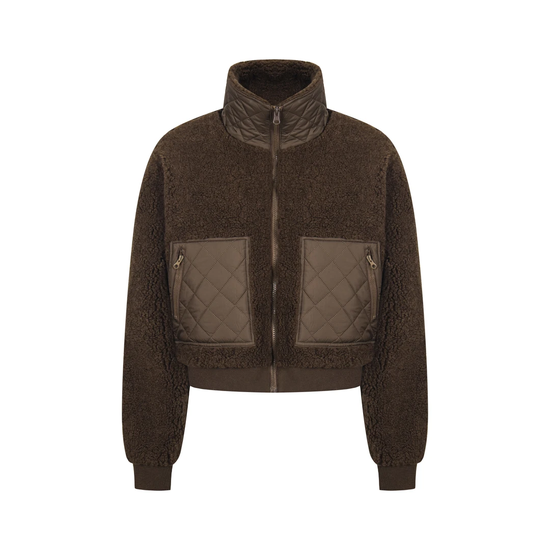 YTFIVE国潮牌美式复古菱格拼接立领羊羔毛棉衣外套男女短宽款棉服