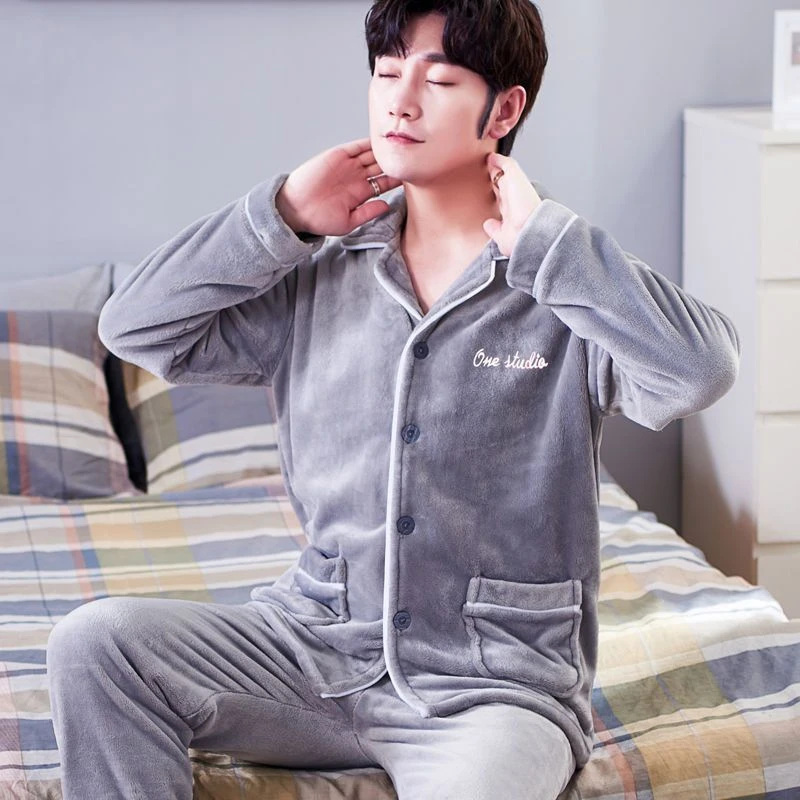 成人秋冬男法兰绒睡衣开衫加厚加绒珊瑚绒保暖大码男士家居服套装