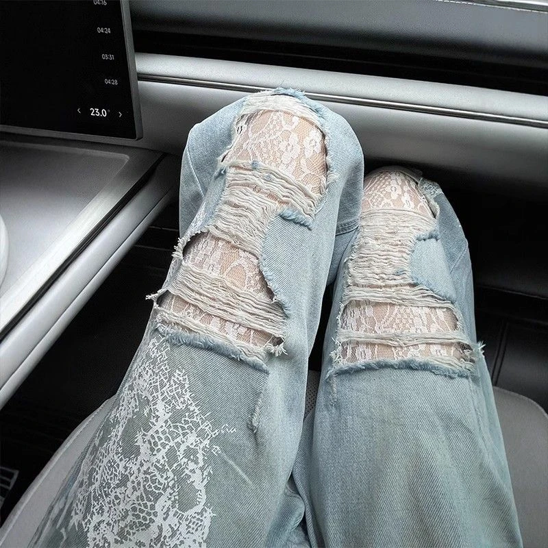 镶钻浅蓝色蕾丝拼接破洞牛仔裤子女高腰直筒显瘦春夏季阔腿拖地裤