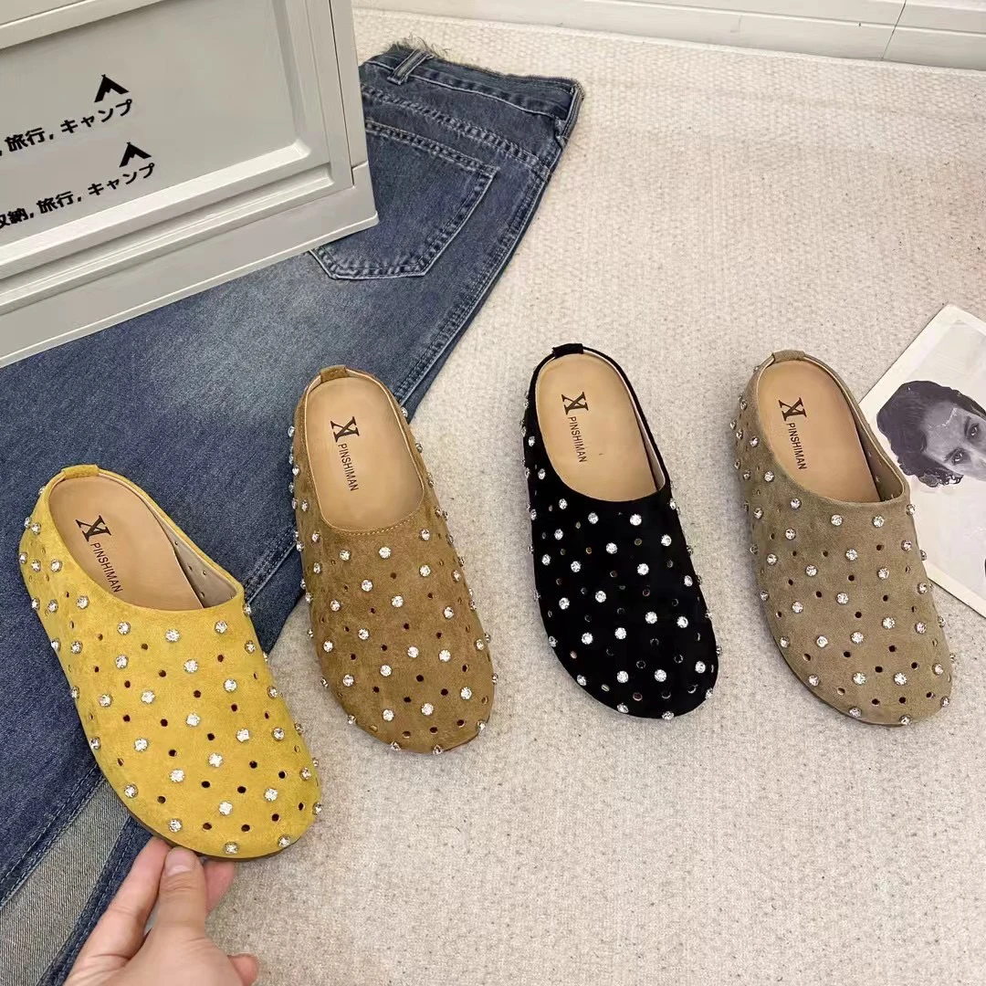 水钻包头半拖凉鞋鞋女2025夏季新款镂空洞洞一脚蹬懒人勃肯鞋百搭
