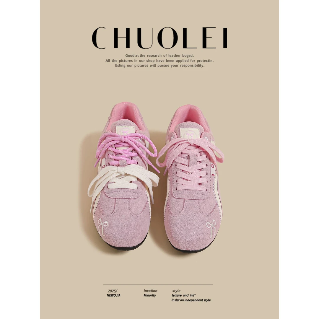 2025夏季新款厚底德训鞋女双鞋带设计粉色运动阿甘老爹鞋休闲潮鞋