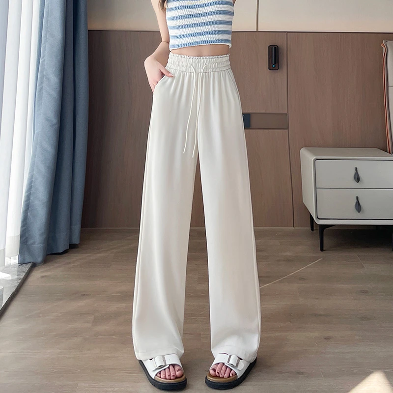 冰丝休闲阔腿裤女夏季薄款2025蕾丝花边高腰直筒裤垂感拖地裤子