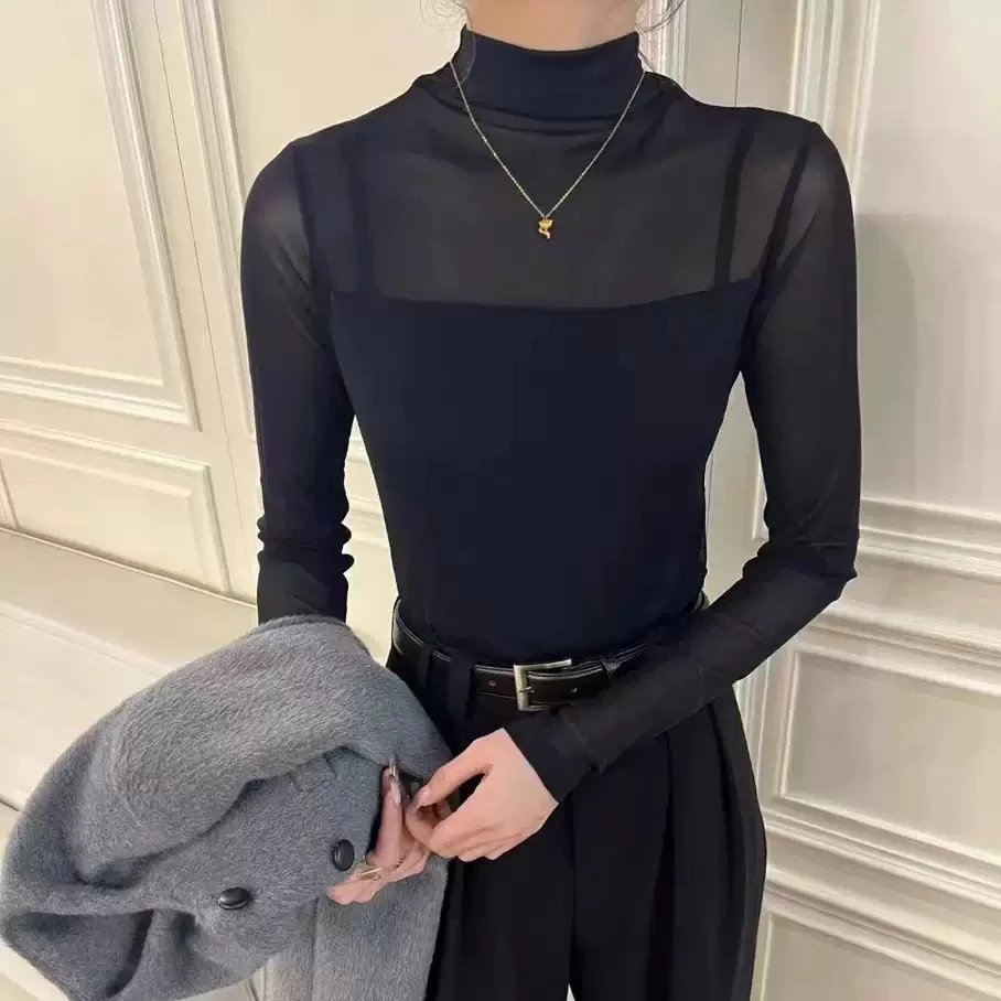 半高领气质网纱打底衫春秋冬季修身显瘦长袖T恤内搭上衣女士A631
