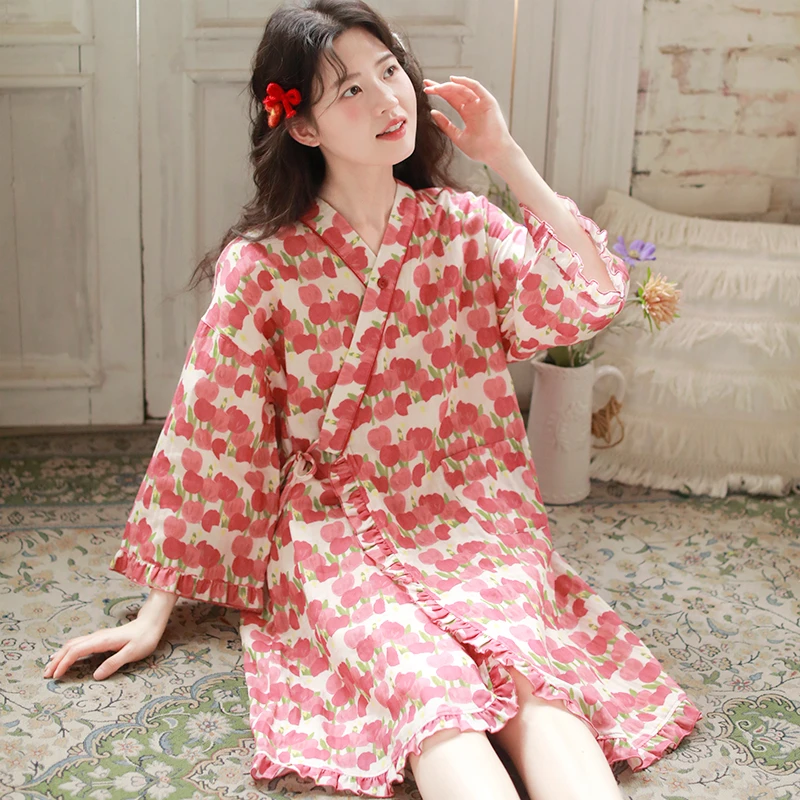 『眠岛』睡裙女春夏新款纯棉纱布甜美七分袖和服浴袍宽松家居睡袍