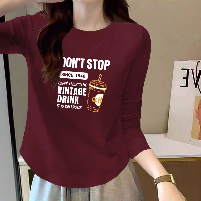 印花纯棉圆领打底衫女不规则下摆2025秋季新款设计感薄款长袖上衣