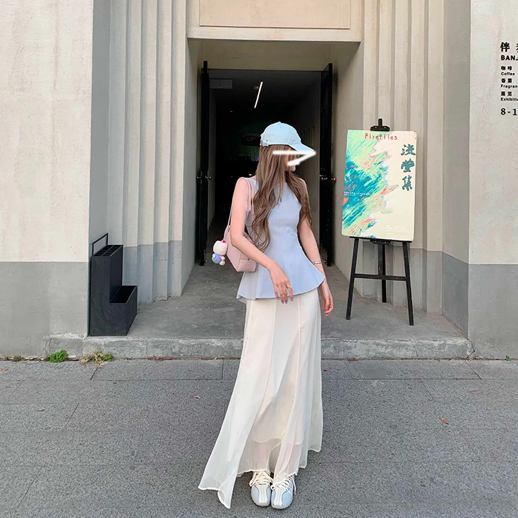 无袖绑带背心高级感小众外穿上衣+高腰网纱拼接a字半身裙长裙套装