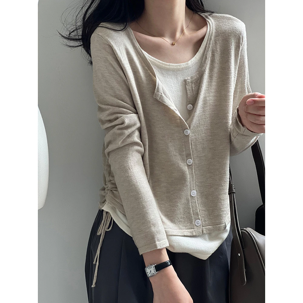 双 假两件针织开衫女 秋季新款宽松设计感抽绳收腰显瘦上衣P170