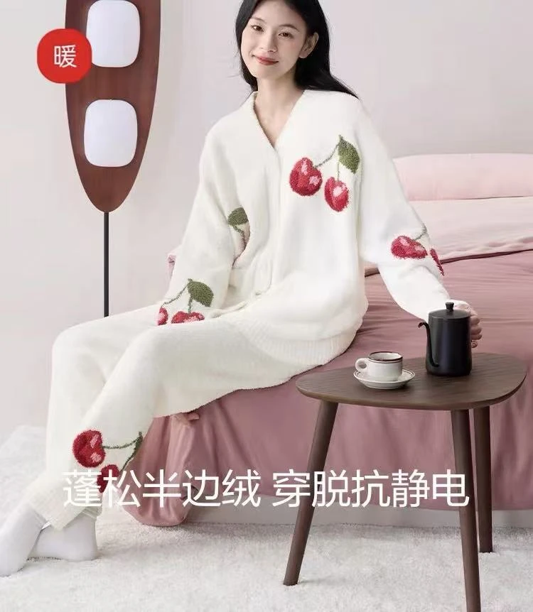 新款半边绒秋冬v领甜美保暖舒适睡衣冬款套装长袖家居服