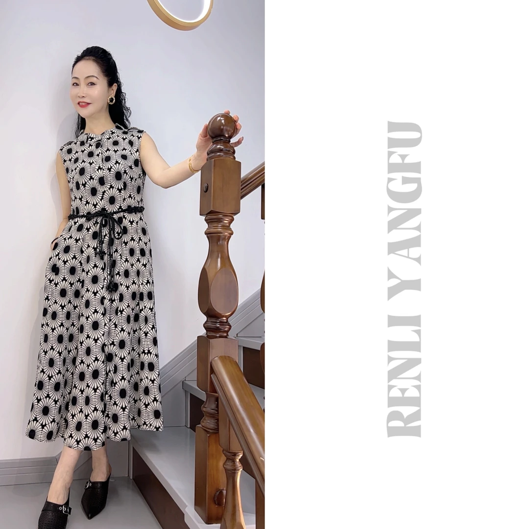 【絮语】夏季灵动小圆领无袖休闲优雅印花飘带长款连衣裙C2207