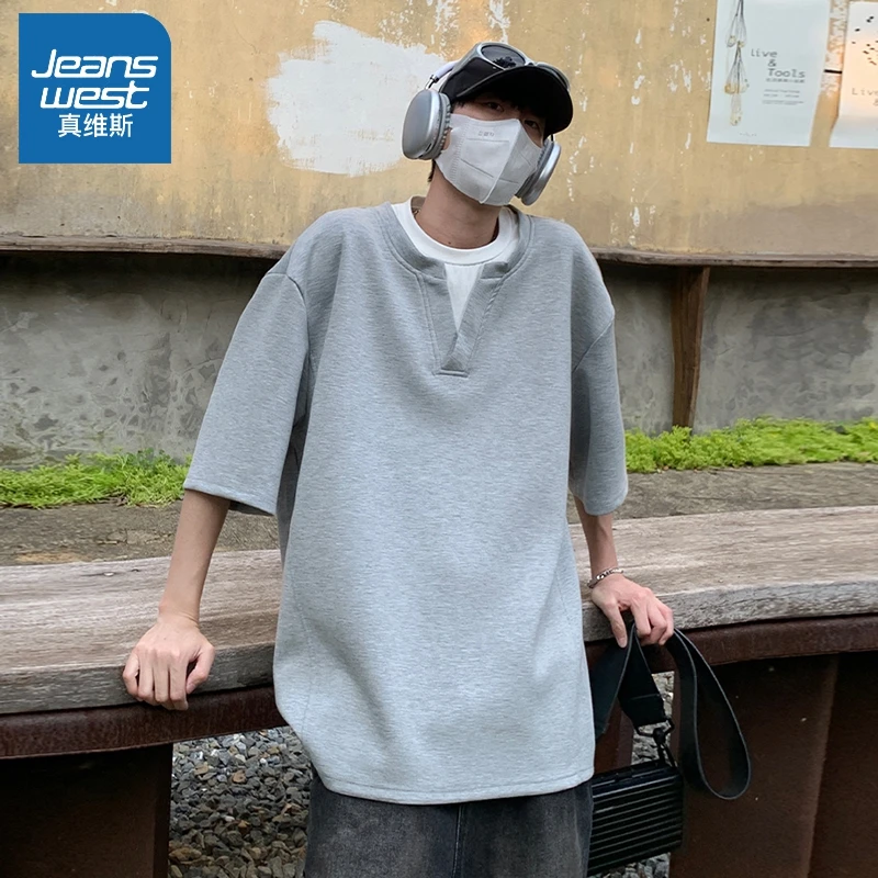 真维斯2025新款假二件t恤短袖男女款爆款夏季薄款运动圆领打底衫