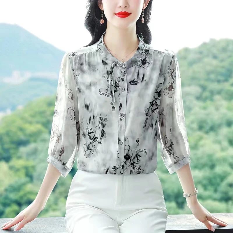 X9983新中式时尚衬衫女2025夏季新款七分袖盘扣小衫百搭衬衫女