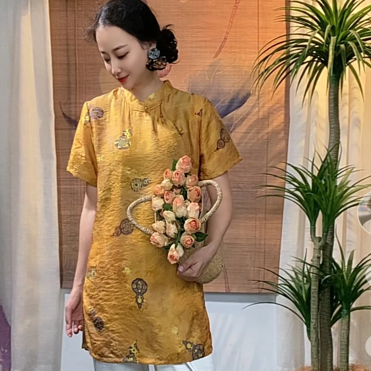 659-2新款正版高货遮肉显瘦新中式百搭气质国风短袖中袍