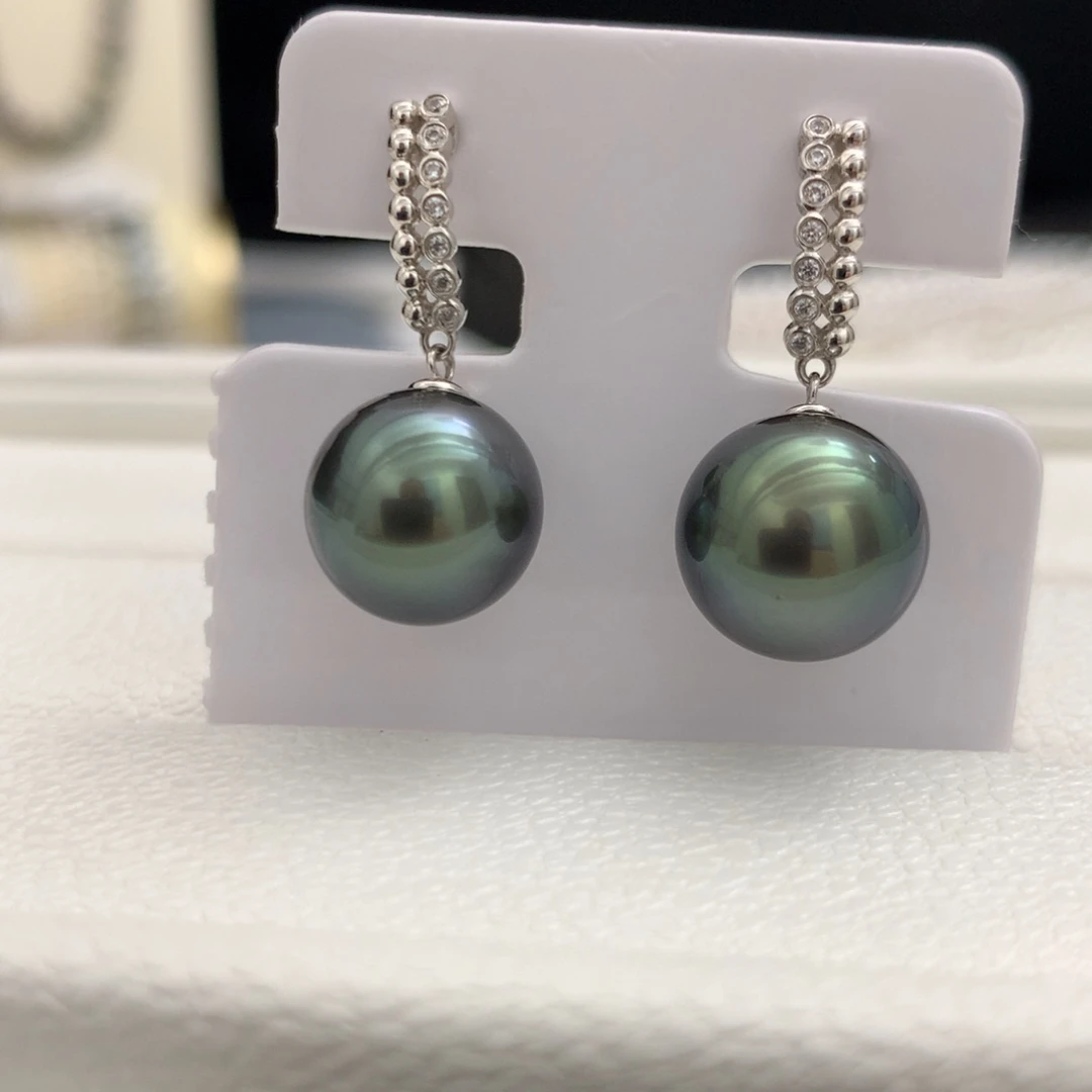 18K金镶嵌耳饰海水珍珠10.7mm黑珍珠耳坠