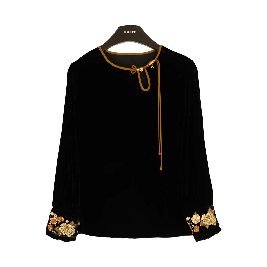 仫赐【知秋】新中式国风丝绒圆领衬衣显瘦衬衫绣花上衣LYFSY0631