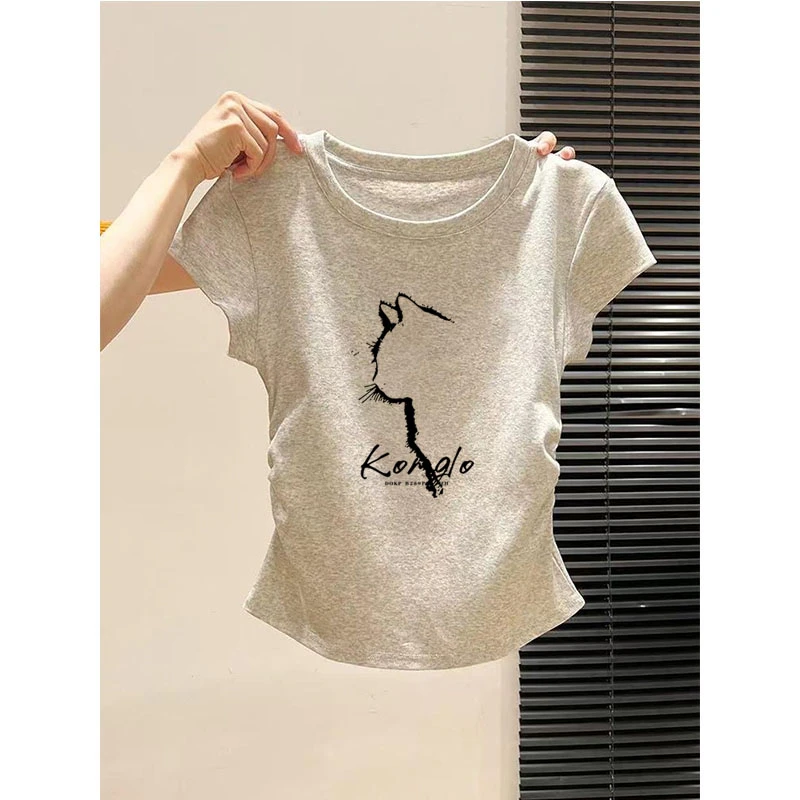 设计感正肩圆领短袖t恤女2025新款体恤褶皱收腰修身百搭夏季上衣