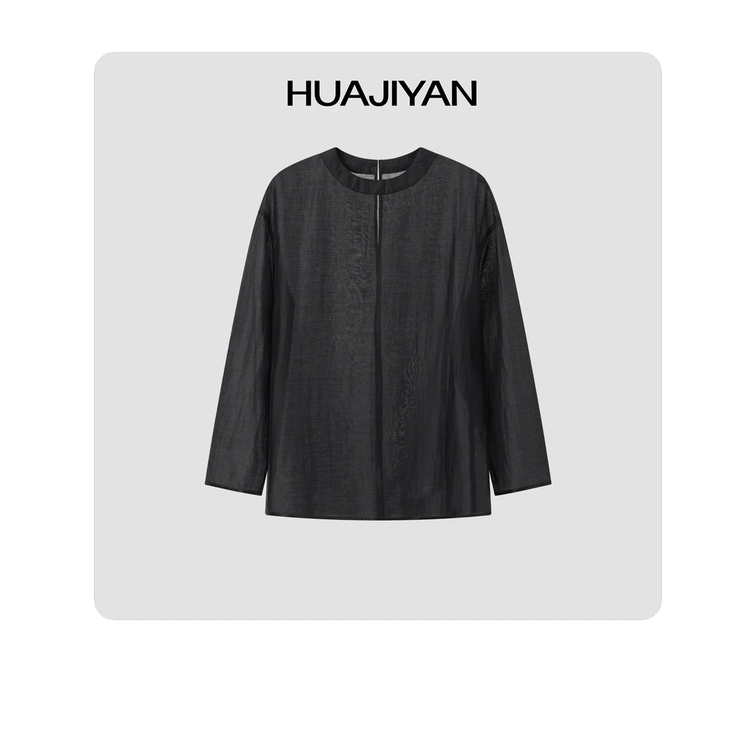 华吉言/HUAJIYAN【朱墨】醋酸天丝混纺后开叉圆领长袖上衣T