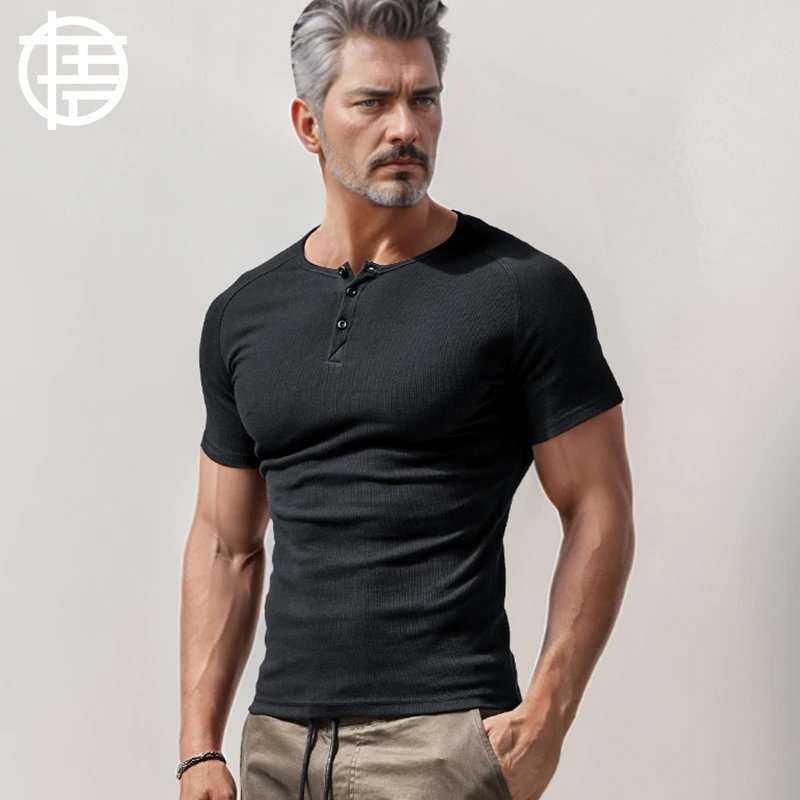 美式重磅亨利衫螺纹棉亨利领短袖t恤男弹力修身紧身肌肉运动健身