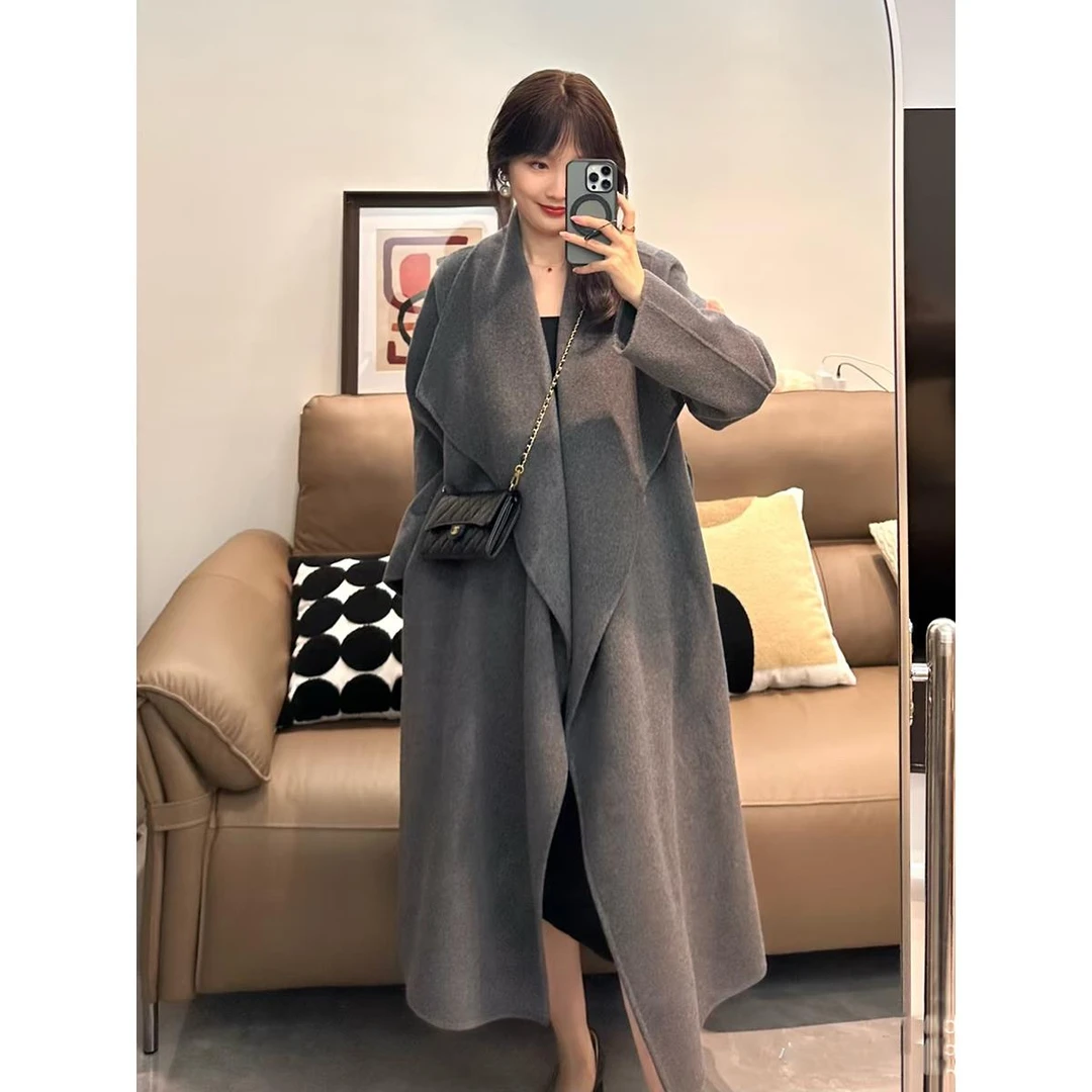 VOCKOO官方灰色双面羊毛羊绒女式中长2025冬季新款大翻领懒人羊毛