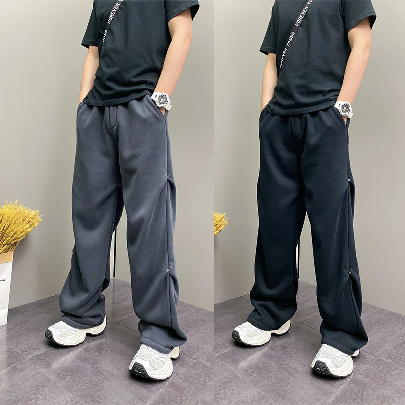 男士秋冬加绒加厚阔腿裤潮流韩版休闲裤痞帅高级感纯色宽松直筒裤