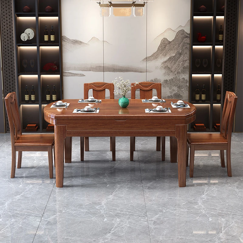 新中式胡桃木实木折叠餐桌家用方圆两用可伸缩饭桌小户型餐桌椅