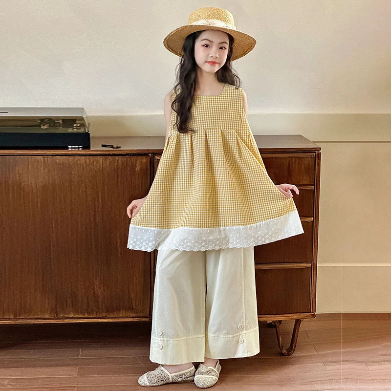 女童夏装套装2025新款洋气儿童夏季休闲背心阔腿裤女孩大童两件套