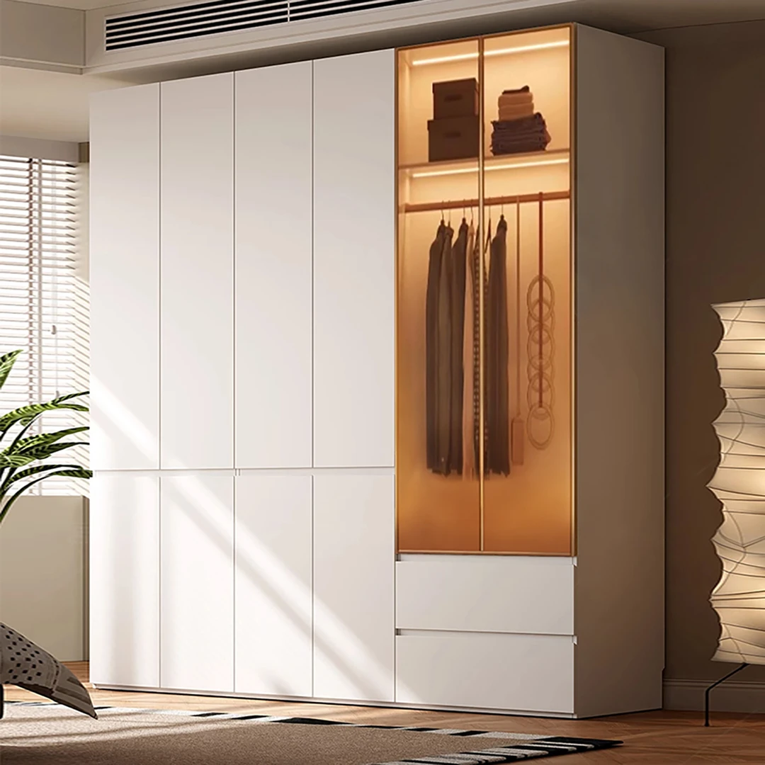 实木多层板衣柜奶油风卧室现代简约一门到顶分段式组合大衣橱