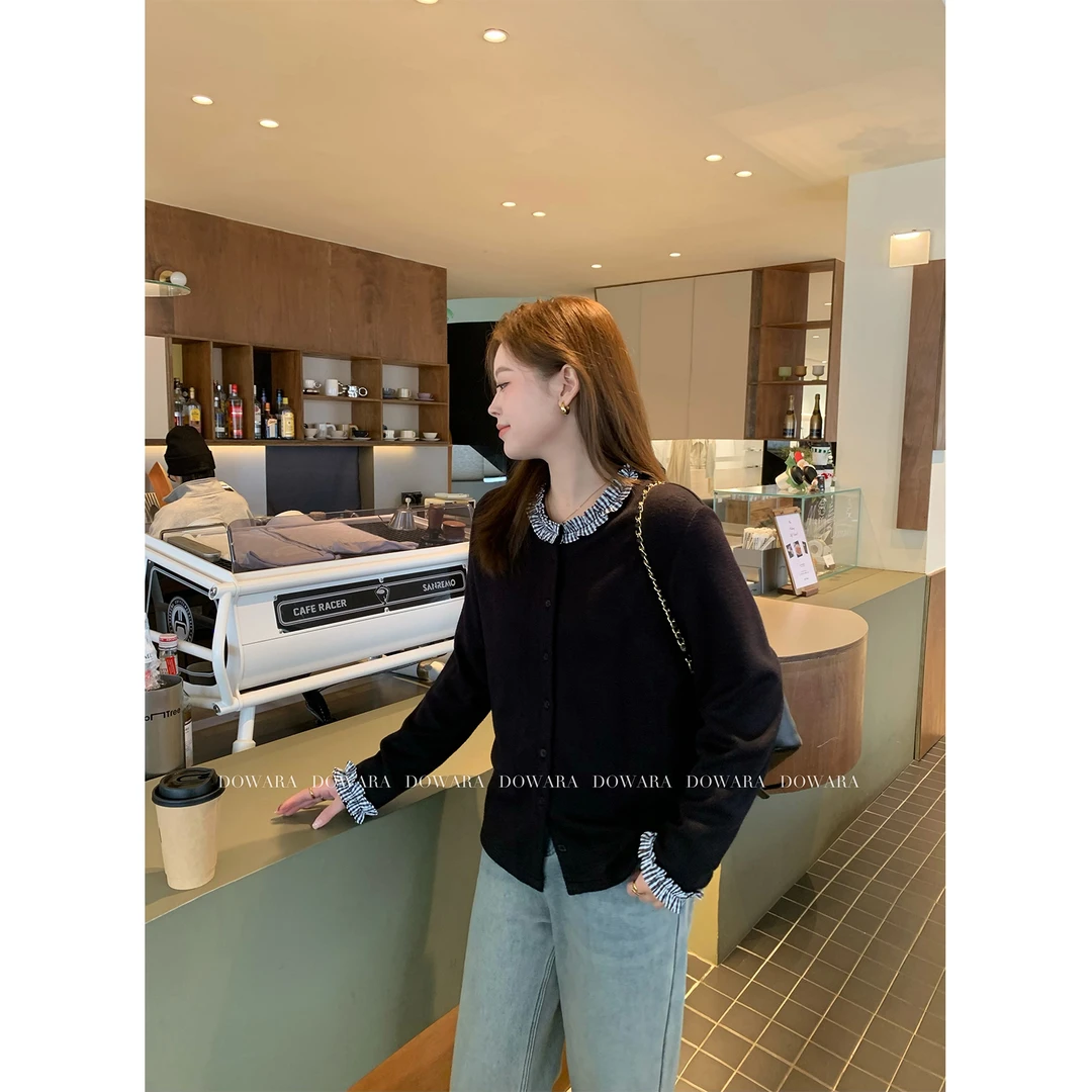 现货大婉酱微胖定制木耳边上衣女早春韩版气质百搭针织开衫 7574D