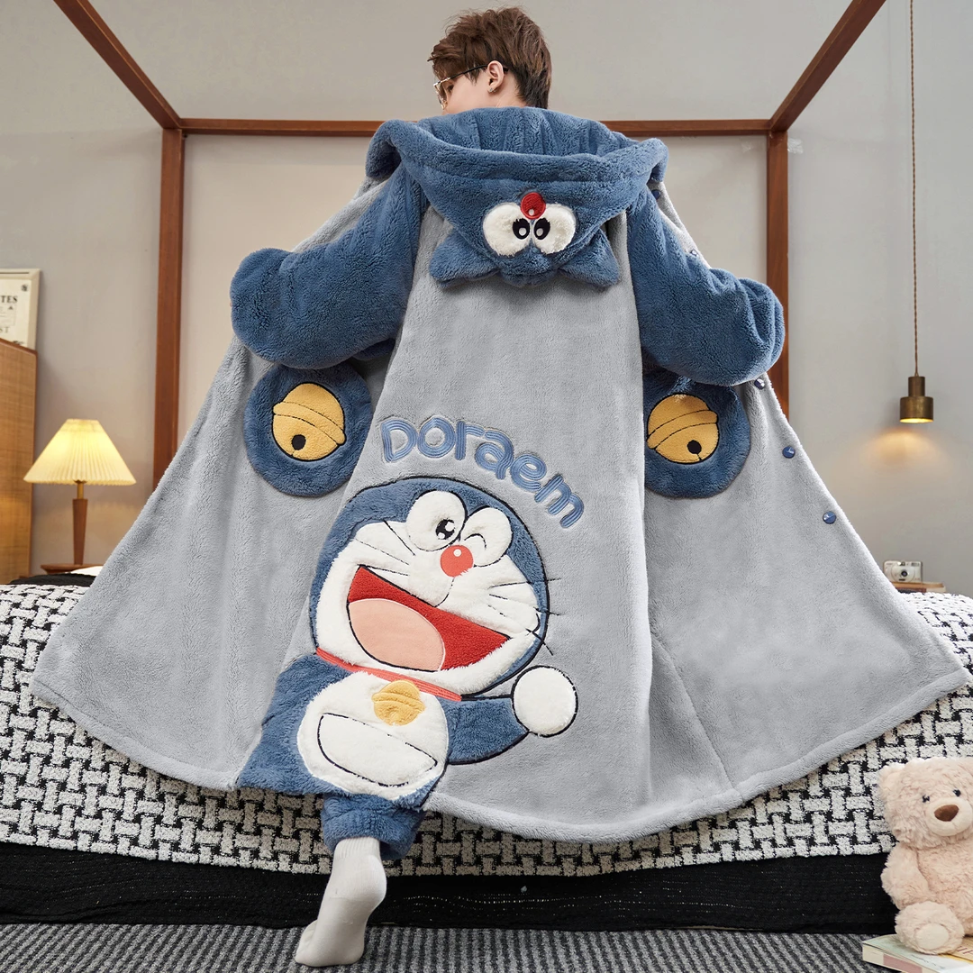 青少年男士睡衣珊瑚绒加厚加绒保暖秋冬季卡通睡袍长款男生家居服