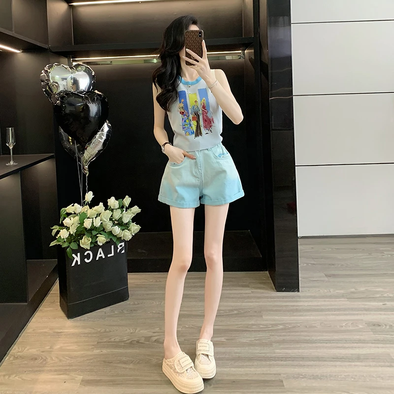 2025女装流行穿搭套装重工烫钻图案针织背心上衣渐变高腰牛仔短裤