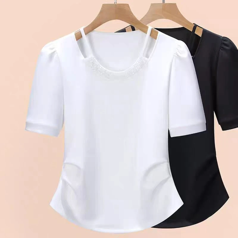 【小曹大码】重工圆领设计感短袖上衣法式泡泡袖修身显瘦-QYN24913