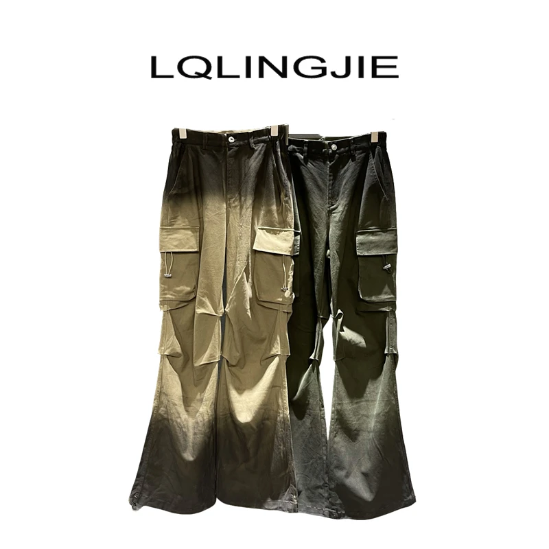 LQLINGJIE 设计款高腰拼色渐变多口袋工装裤74081