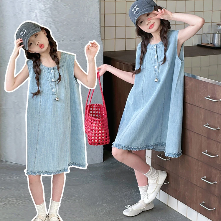 中大童初中生夏季简约韩系连衣裙牛仔木耳裙边牛仔中长款背心裙
