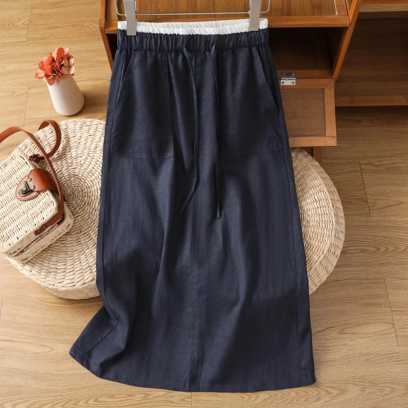 藏青色棉麻半身裙女夏季薄款2025新款天丝亚麻直筒裙子a字包臀裙
