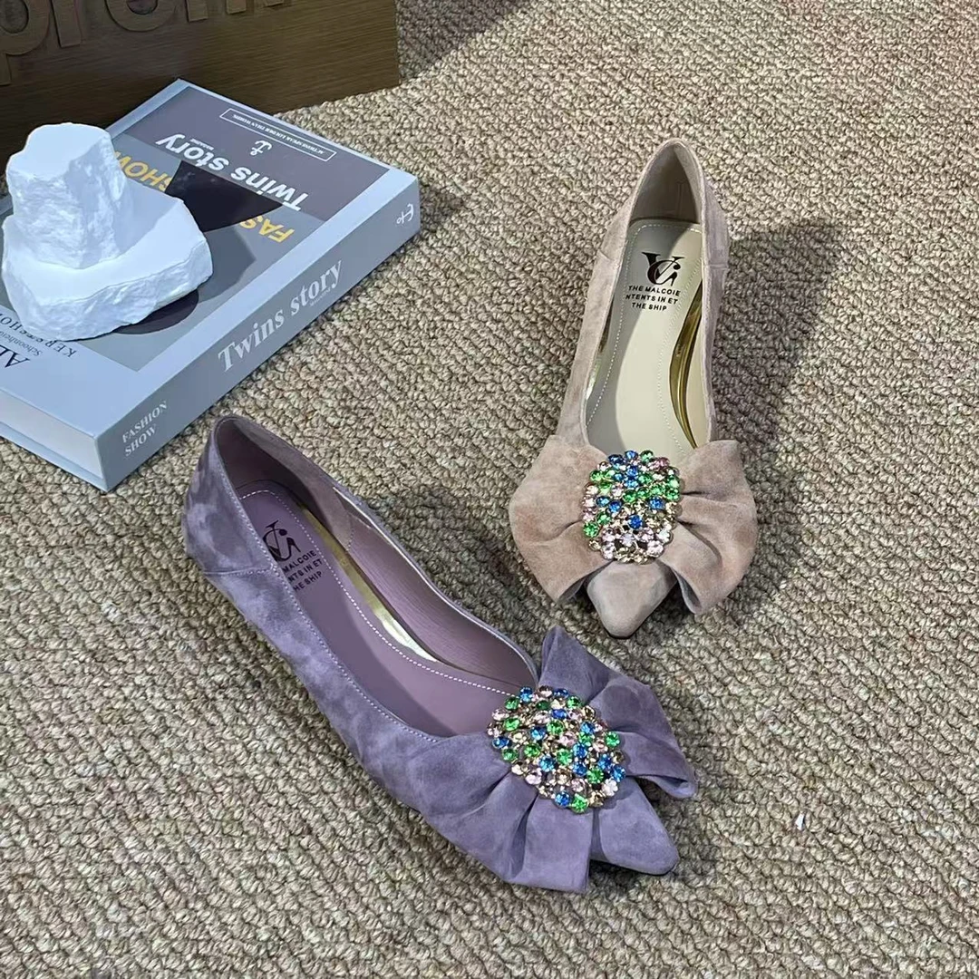 1108【如梦】黑色春款尖头气质蝴蝶结浅口羊皮低跟单鞋C【3cm】