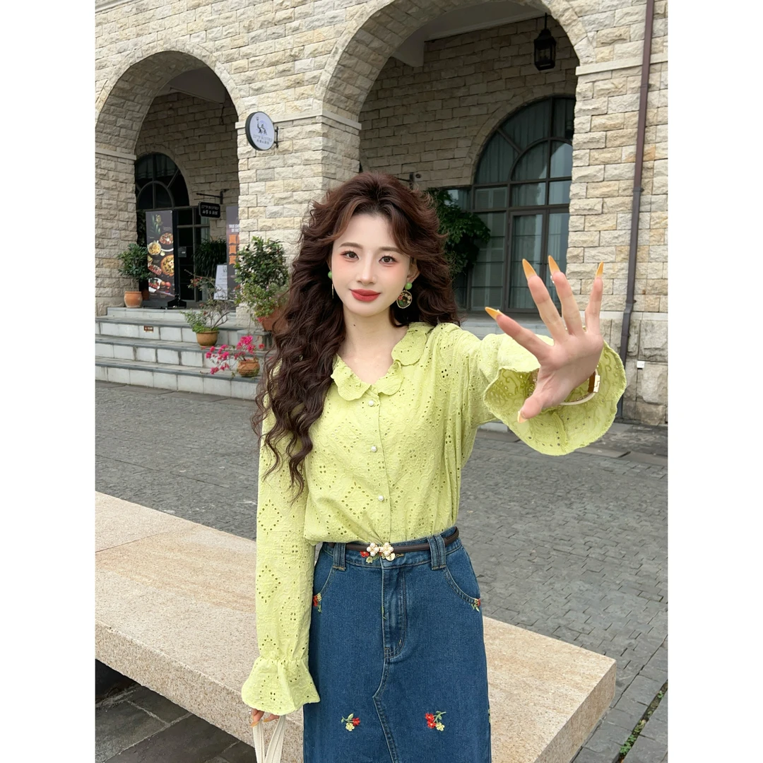 温敏er【浮生慕慕】欧若风气质绿色长袖衬衫宽松休闲上衣MJ1688002