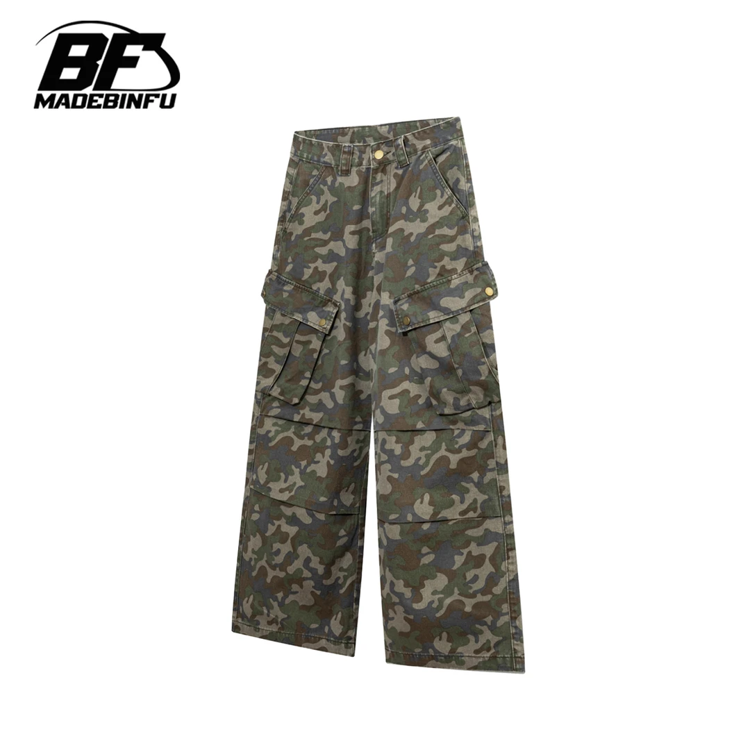BINFU2025年新品美式街头风男女款 宽松阔腿迷彩多口袋工装风长裤