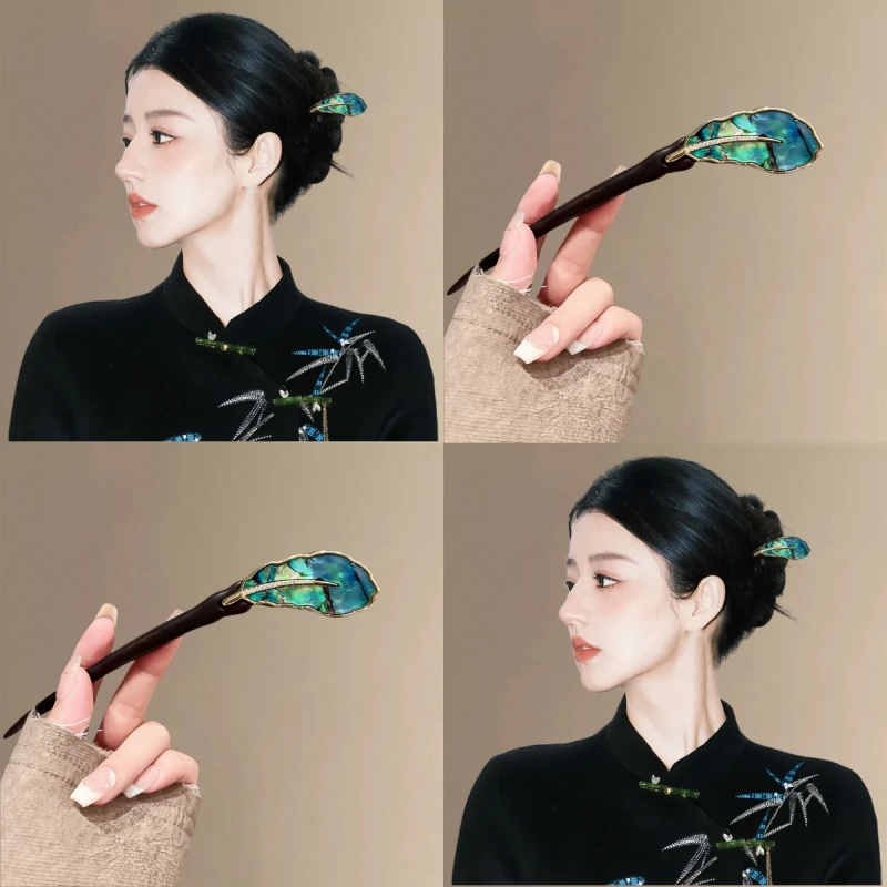 高端贝母扇发簪中式女高级感木头簪子盘发国风天然发钗新款
