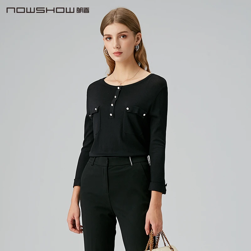 NOWSHOW朗香黑色装饰扣假口袋毛衣201067