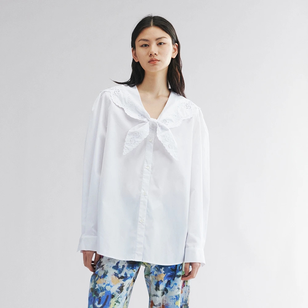 UOOYAA/乌丫「New Vintage」镂空绣花海军领衬衫UY25352C139131