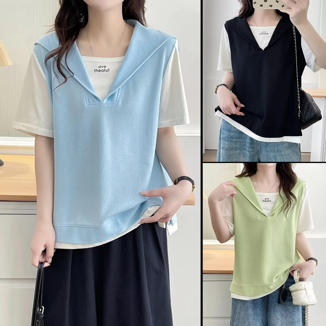 JIANAOBEN/简澳本大码洋气显瘦宽松海军领撞色假两件时尚短袖T恤