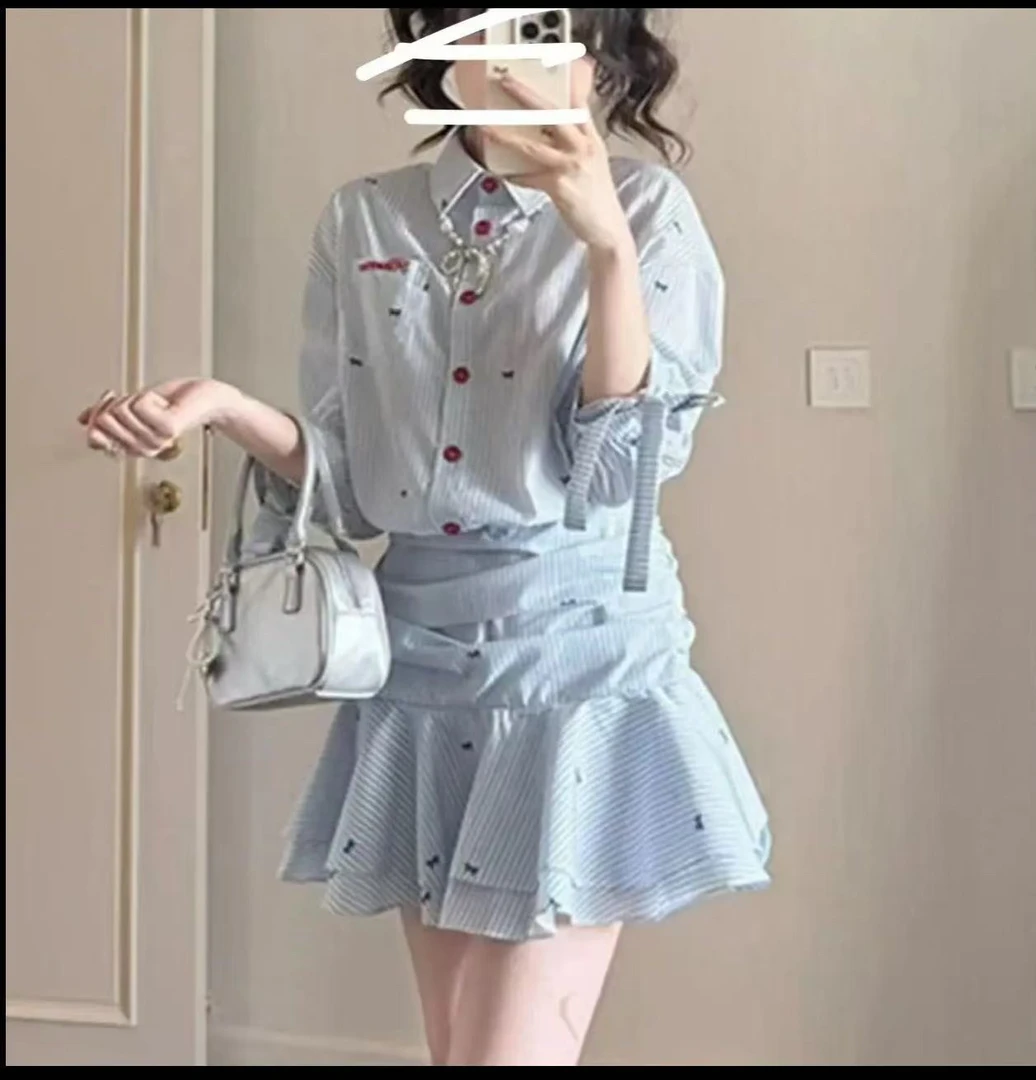 夏季韩系学院风气质减龄蓝条衬衫显瘦收腰连衣裙高级感韩系穿搭